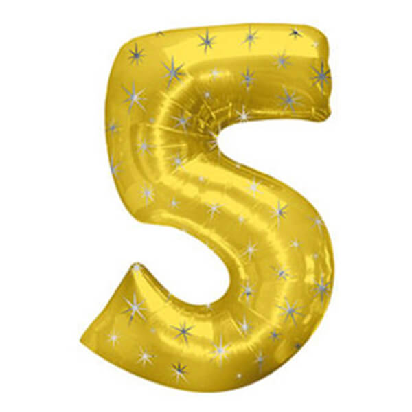 Цифра 5 (пять) золотая со звёздами с гелием