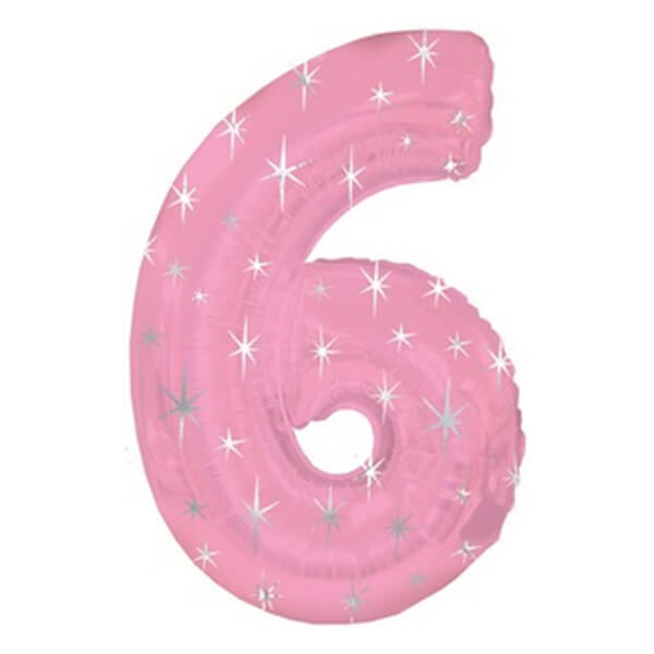 Цифра 6 (шесть) розовая со звёздами с гелием
